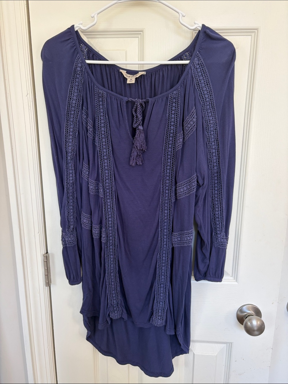 Lucky Brand Navy Crochet-Trim Peasant Tunic with Tassel Tie